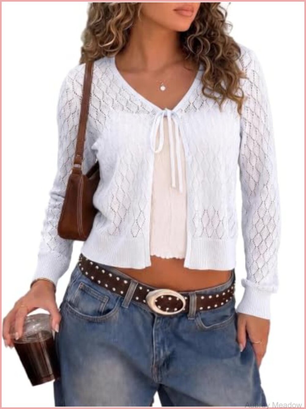 Lightweight Crochet Cardigan Tie Front Cropped Sweater Top